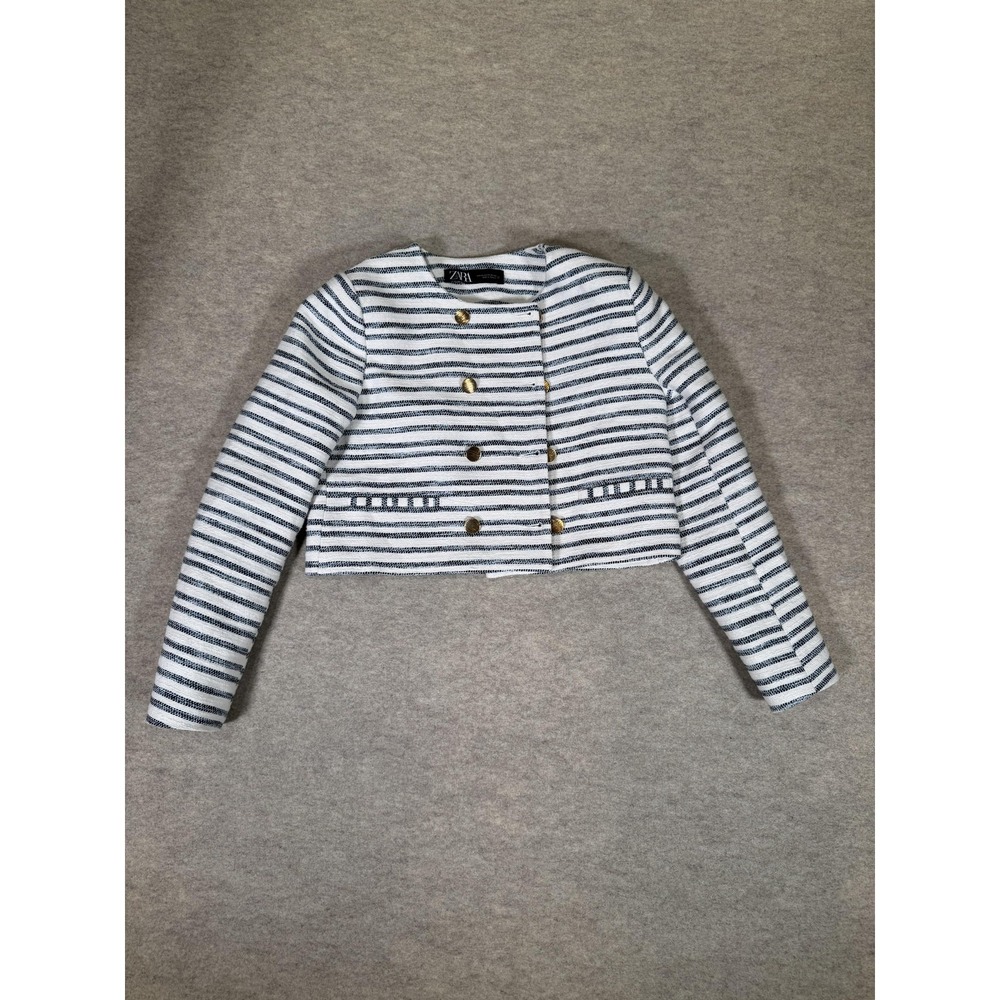 Zara Jacket Womens XS White Striped Collarless Tweed Nautical Cropped Blazer